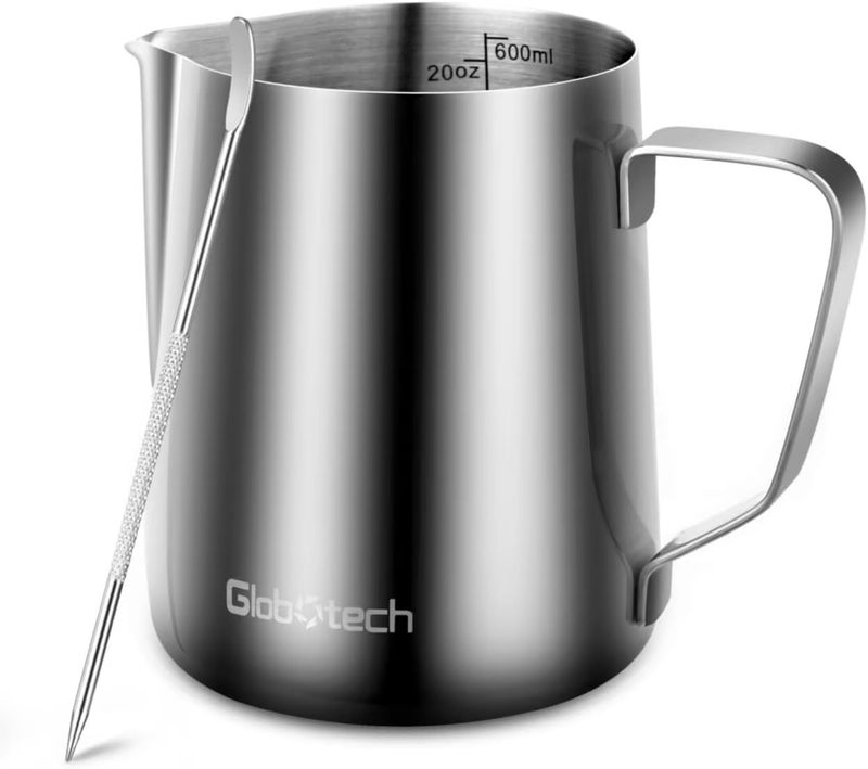 GLOBOTECH كوب رغوة الحليب من الفولاذ المقاوم للصدأ - إبريق بخار الإسبريسو لصنع رغوة القهوة وفن اللاتيه 20 أونصة (600 مل) - Image 1